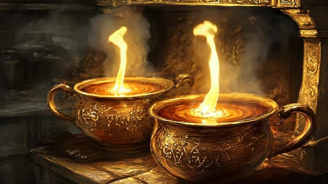 Golden cauldrons with flickering flames in an ancient kitchen setting during twilight