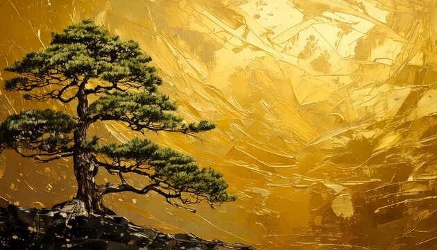Ilustra&ccedil;&atilde;o de bonsai japon&ecirc;s Pintura japonesa: pinheiro e lua cheia em Kyoto, Jap&atilde;o Ilustra&ccedil;&atilde;o sobre fundo dourado.