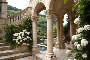 Fototapeta premium An archway with columns, pastel colour roses, leading to an outdoor area overlooking rolling hills and water features in the background, white hydrangeas. 