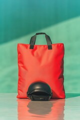 delivery bag and helmet placed on sleek surface with blurred motion in background symbolizing activity