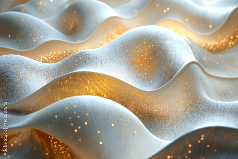 Poster abstract white and gold fabric waving and sparkling with golden particles
