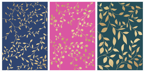 Golden shiny leaves, jungle leaves seamless fabric pattern and poster background set. tiny leaf with many branches, elegant and luxury embroidery