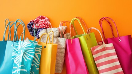 Colorful shopping bags on orange background.