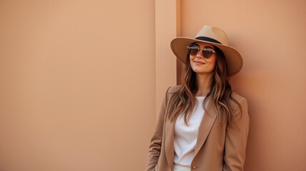 Woman in hat and sunglasses posing against a peach wall
