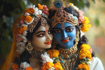 Radha krishna, deities adorned with flowers and jewelry, embracing divine love © Lubos Chlubny