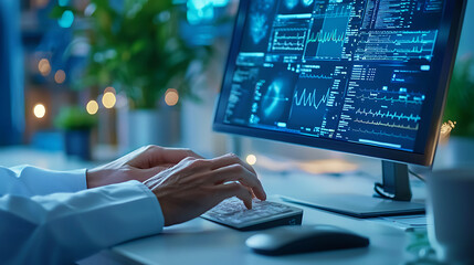 Naklejka premium healthcare professional analyzing patient data on computer screen, showcasing medical graphs and statistics