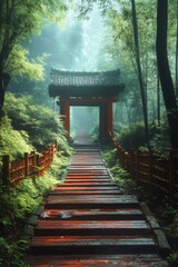 Wooden staircase leading to traditional gate in misty bamboo forest