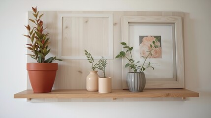 Potted green plant on a shelf with a wooden frame