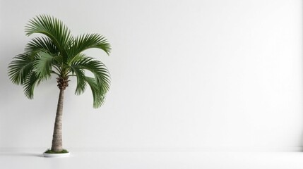 Obraz premium A single tropical palm tree in a minimalist white room setting provides a serene and tranquil atmosphere
