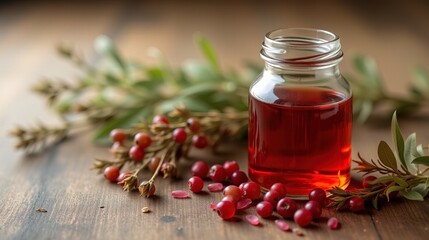 Jar of red berry syrup with fresh berries and greenery