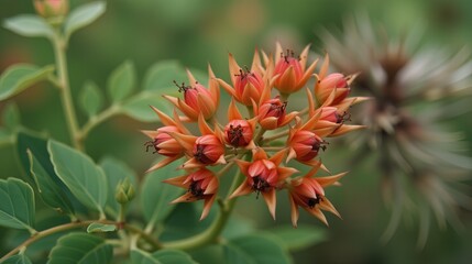 Fototapeta premium Cluster of orange rose hips on a green leafy branch