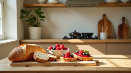 A sunlit kitchen table displays freshly baked bread alongside a bowl of raspberries and blueberries, complemented by slices of bread topped with berry preserves.