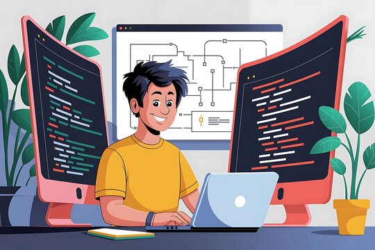 Young Programmer Developing Software on Multiple Screens