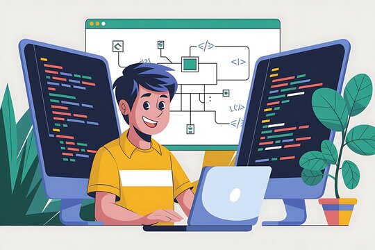 Young Programmer Developing Software on Multiple Screens