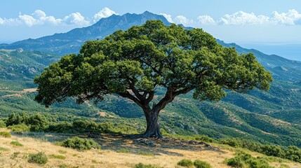 Fototapeta premium Lush tree in a mountainous landscape under a clear sky.