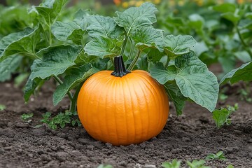 Ripe Orange Pumpkin Growing In Garden Soil