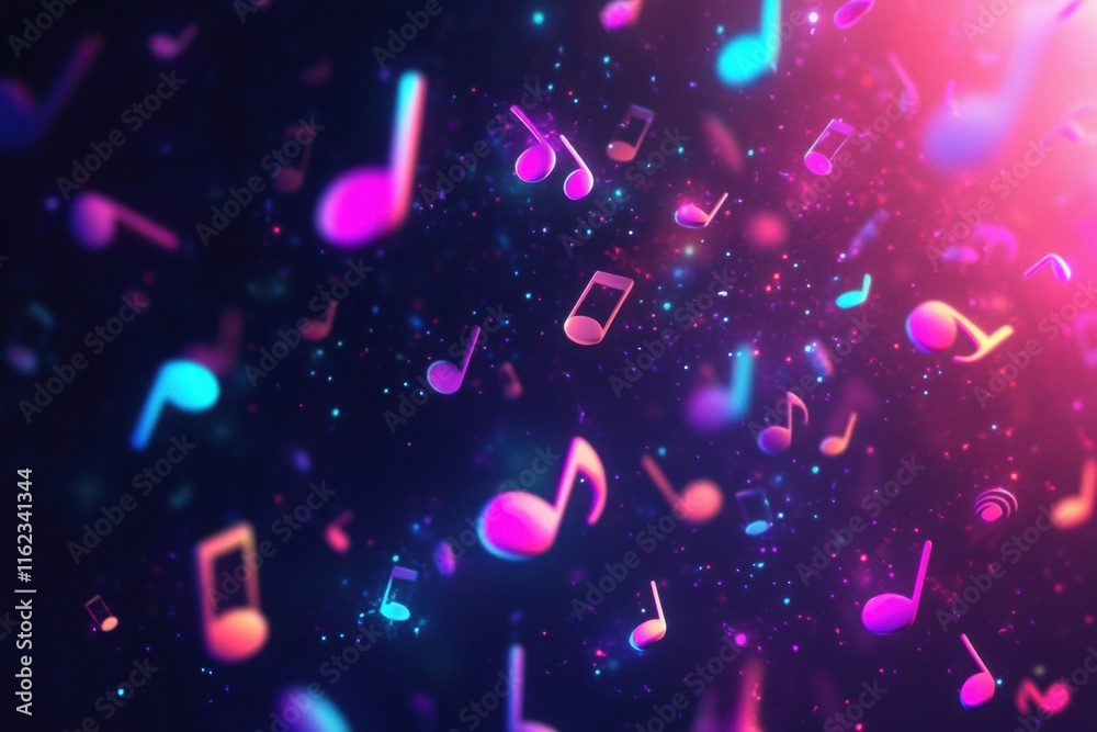 Fototapete colorful 3d music notes floating in vibrant space with glowing lights and particles reflecting a liv