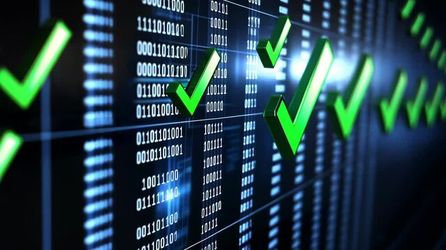 Data analysis showcases successful outcomes with validation indicators on a digital display in modern workspace