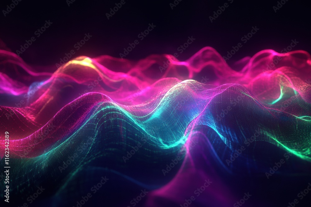 Leinwandbilder Pulsating neon light waves creating a mesmerizing 3D visual experience in a dark setting. Generative AI