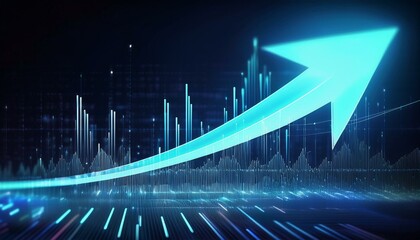 矢印が右上に向かって伸びるデザイン、背景にぼんやりとしたグラフライン