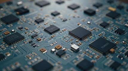 Microchips and circuits on a green circuit board