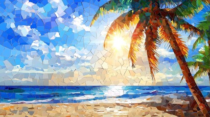 sunny beach with palm trees at sunset made of mosaic pieces, stained-glass style