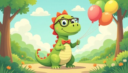Naklejka premium Festive green dinosaur celebrates birthday in a cheerful outdoor setting with balloons