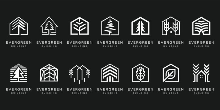set of collection pine tree house home building logo design. evergreen vector icon template