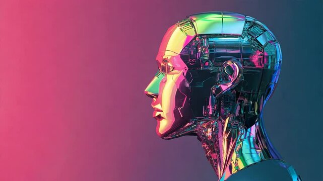 Chromatic AI: A profile view of a metallic robotic head, showcasing iridescent colors against a vibrant pink and blue gradient background.
