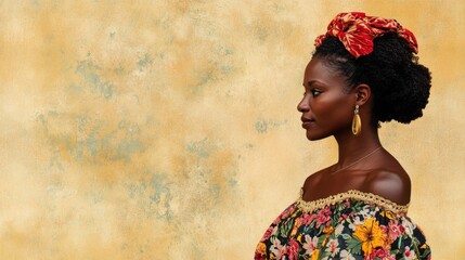 Haitian Woman in Traditional Floral Dress on Beige Background