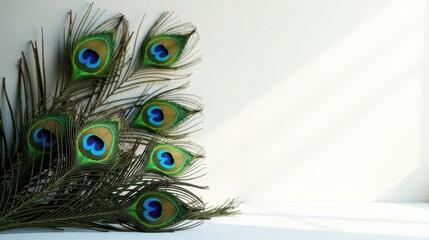Obraz premium Elegant Peacock Feathers Arranged on White Surface, Illuminated by Soft Natural Light, Creating a Serene and Decorative Composition