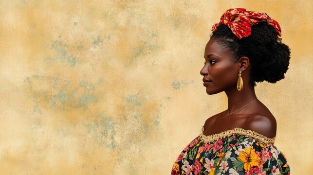 Haitian Woman in Traditional Floral Dress on Beige Background