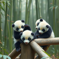 Baby Pandas Playing in Natural Bamboo Habitat