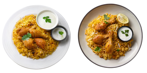 Chicken Biryani plate with raita on transparent BG