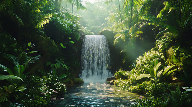A lush tropical rain forest waterfall