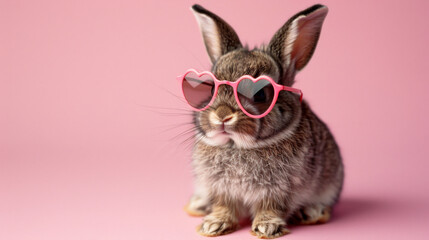 Fototapeta premium Cute rabbit wears heart-shaped sunglasses on a pink background