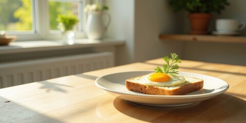 Sunny Morning Breakfast Toasted Bread with a Single Fried Egg and Fresh Herb Garnish on a Table