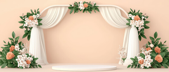 Fototapeta premium Elegant floral arch with draped fabric and greenery for events