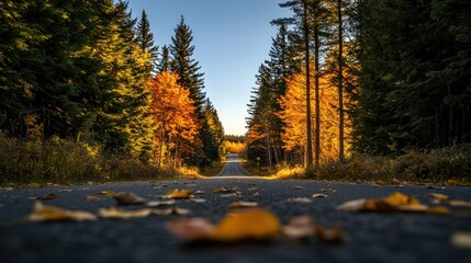 Fototapeta premium Scenic autumn road surrounded by colorful trees.