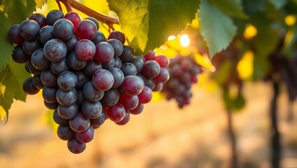 Fototapeta premium A cluster of plump, deep purple grapes hanging on a vine. he sunlight filters through the leaves, casting a soft, golden glow