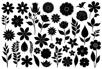 selection of flower and leaf vector art in silhouette