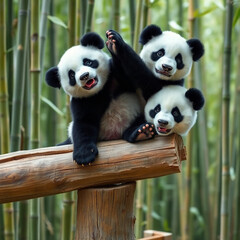 Baby Pandas Playing in Natural Bamboo Habitat