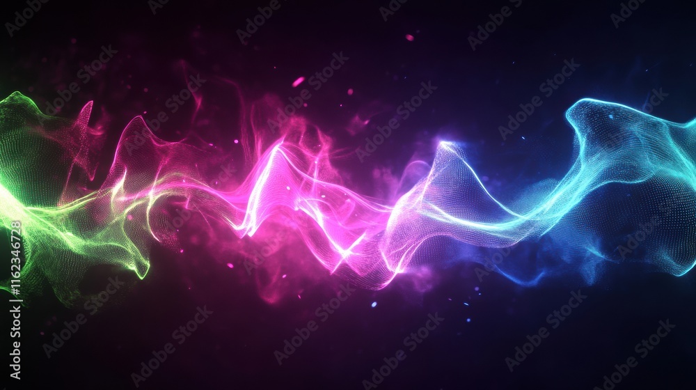 Aufkleber Dynamic 3D pulsating light waves create a stunning neon glow display in a dark background. Generative AI