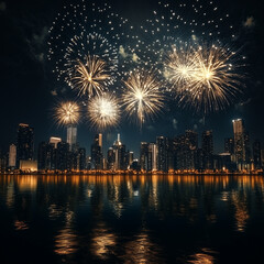 Fototapeta premium A fireworks sparkling over a metropolitan skyline at night
