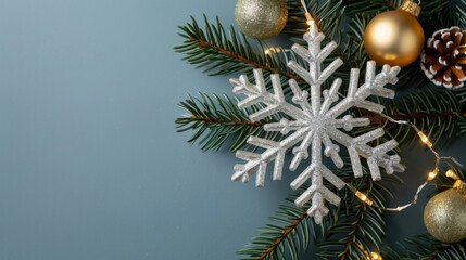 Winter decorations with festive ornaments and pine branches for Christmas