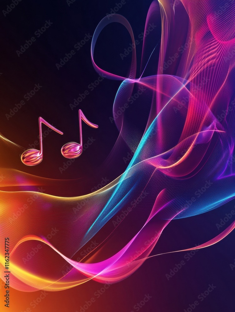 Aufkleber colorful 3d music notes floating amidst vibrant swirls of light in a dark background. generative ai