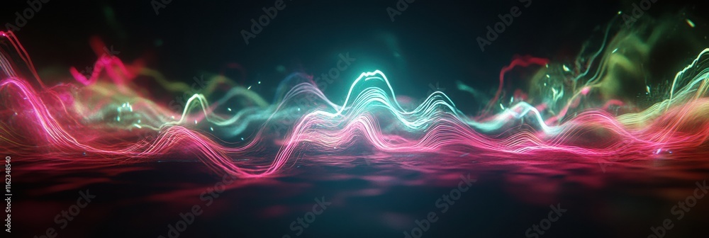 Poster vibrant 3d pulsating light waves creating an immersive neon glow experience in a digital landscape. 