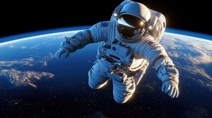 Astronaut floating in space earth in background digital art cosmic environment wide angle view...