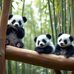 Obraz premium Baby Pandas Playing in Natural Bamboo Habitat