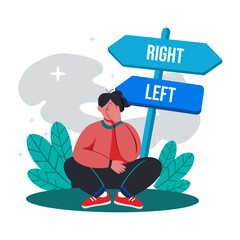 A flat illustration of a confused character sitting near directional board 